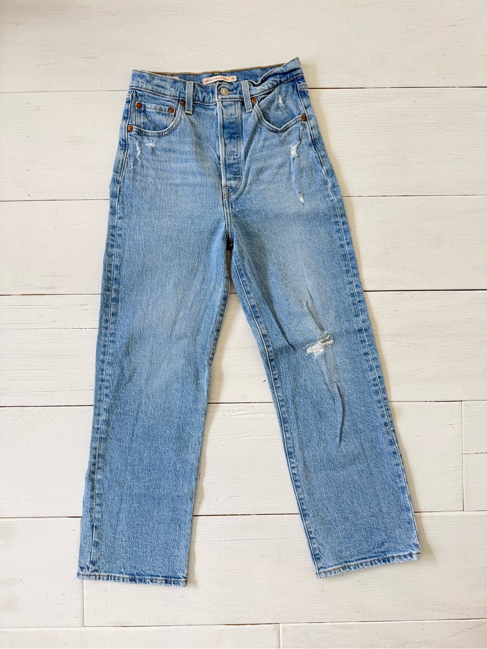 Levi’s Ribcage Straight Ankle Jeans Women’s 25 Light Blue Distressed